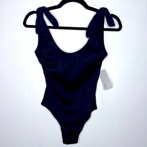 Kenzie Ribbed Bow Shoulder One piece Swimsuit in Black